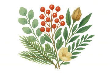 Wall Mural - Watercolor winter botanical arrangement with red berries, pine branches, and green leaves on transparent background