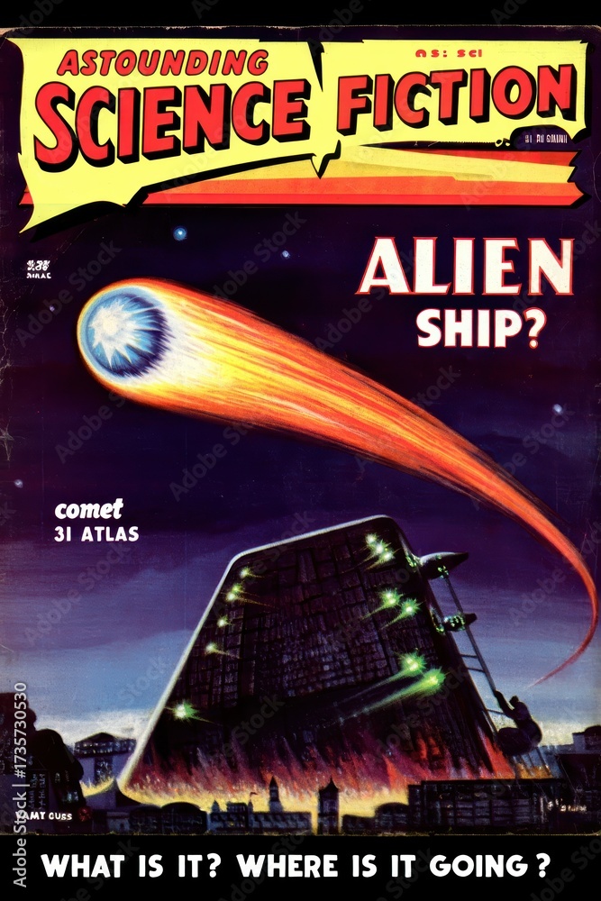 Retro magazine cover style: comet and Alien Ship? 3I ATLAS headline ...