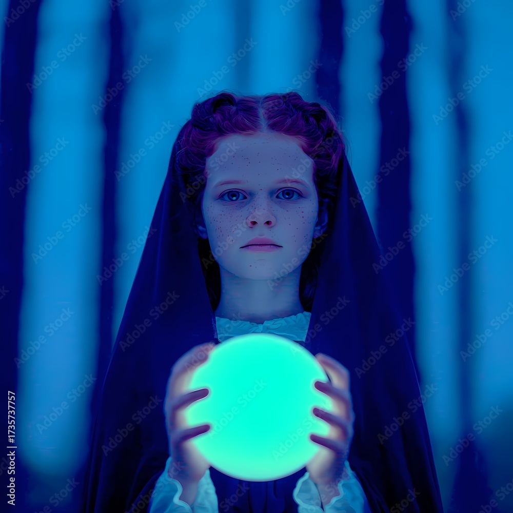 Young girl in dark forest holding a glowing orb under blue light ...