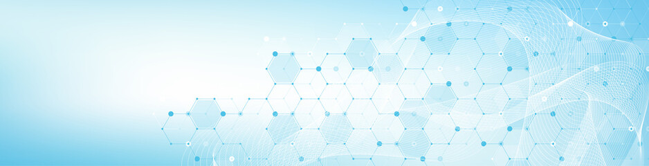 Wall Mural - Modern health care or medical background design. Health care innovation concept. Horizontal header web banner. Abstract geometric background with hexagon shapes for medicine, science, chemistry.