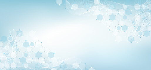 Wall Mural - Modern health care or medical background design. Health care innovation concept. Horizontal header web banner. Abstract geometric background with hexagon shapes for medicine, science, chemistry.