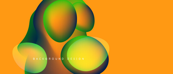 Wall Mural - Abstract colorful shapes overlap orange backdrop. Gradient hues create dynamic visual effect. Modern design element for backgrounds.