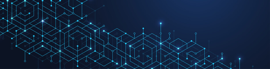 Wall Mural - Abstract digital blockchain cube blocks concept. 3D big data cubes quantum computer technology idea. Artificial intelligence data core cubes design element illustration