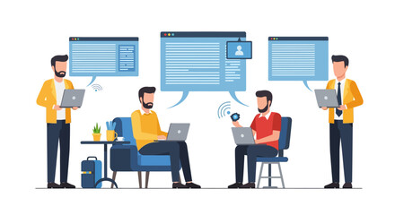 Four men interact with laptops and digital screens, suggesting online communication and collaboration in a modern setting.