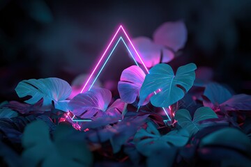 Wall Mural - Abstract Neon Triangle Over Tropical Leaves In Dark Forest