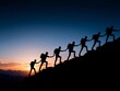 © RMedia - A chain of silhouetted hikers helping each other climb a steep, rocky mountain ridge at sunset, symbolizing teamwork and challenge.