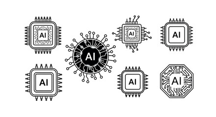 Set of AI chip icons simple line art vector design for technology and engineering projects isolated 