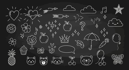 Line cute element set. Hand drawn scribble heart, arrow, flower and cloud elements on chalkboard background. Doodle sketch heart, star, cloud cartoon sticker shapes. Vector illustration