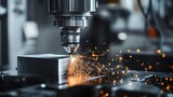 A close-up view of a precision CNC milling machine cutting a metal block, showcasing flying sparks and photorealistic details.