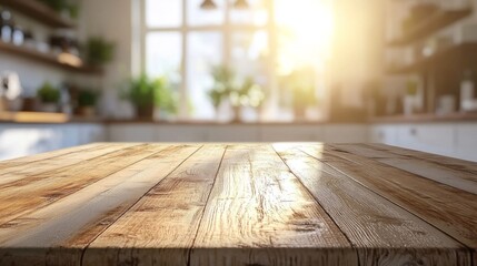 Wall Mural - A wooden table against the backdrop of a bright kitchen creates an atmosphere of comfort and homely warmth, suitable for interior design and culinary blogs.