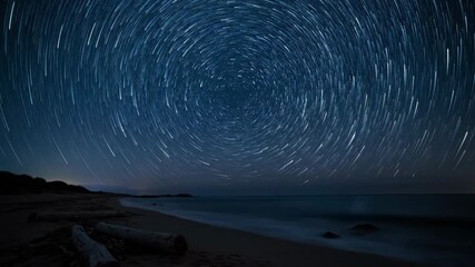 Wall Mural - Mesmerizing timelapse of star trails gracefully arcing across the night sky above a dark, quiet beach rotation, star trails, dramatic