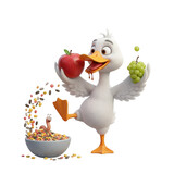 Whimsical duck juggling fruits and seeds in a delightful animated presentation