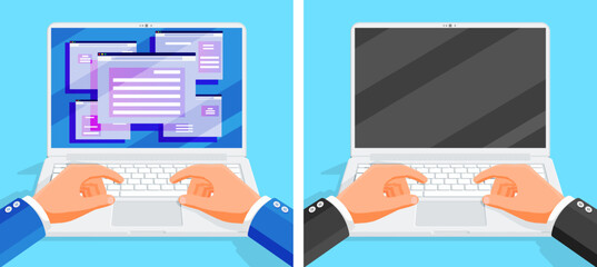 Two men working on laptop computer. Hands typing on blank screen and open application windows. Online activity and digital technology concept.
