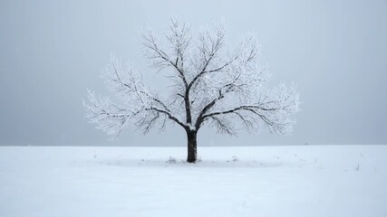 Wall Mural - Mesmerizing timelapse of heavy snow blanketing a lone, stark tree in an open field, creating a sculptural, frosted winter scene frozen, commercial, sculptural