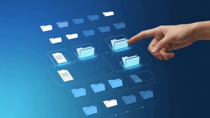 Digital Folder Interaction: A digitally rendered hand selects a file folder, conveying a sense of technological advancement and data organization within a modern digital environment. 