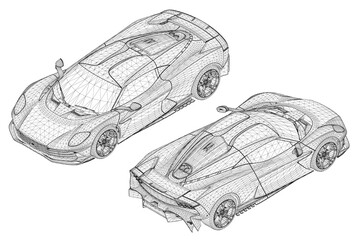 Sports car blueprint in 3D wireframe model set. Detailed technical design view on white background for automotive concept. Isometric view. 3D