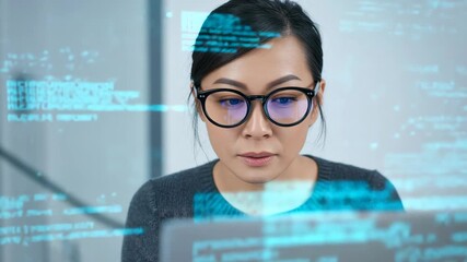 Focused coder: A dedicated individual with glasses concentrates intently, surrounded by the intricate world of coding, creating a scene of focus and innovation. 
