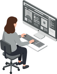 Isometric Woman Typing on Keyboard Using Computer Illustration