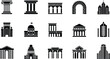 © Najmul - Set of fifteen black and white architectural icons including columns, castles, domes, houses, pyramids, skyscrapers, temples, and buildings