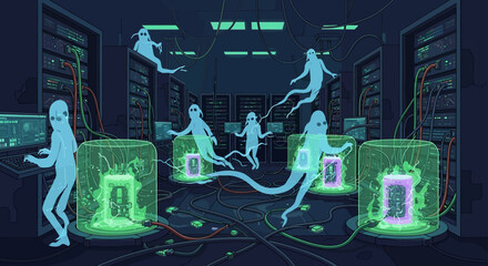 digital spirits process data in a futuristic server room operating complex interfaces illustrating artificial intelligence and machine learning.