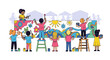 © il - Diverse group of children collaboratively painting a vibrant mural on a long wall.