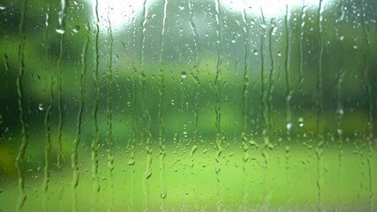 Wall Mural - Gentle rain streaks down a window pane, blurring the soft green garden background with a shallow depth of field and a subtle push-in camera movement b-roll, abstract, blurring