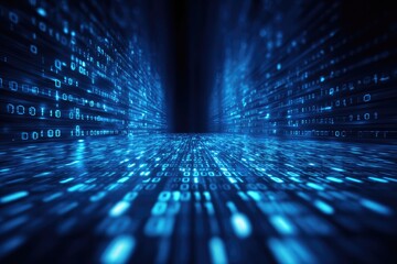 Abstract digital tunnel illustration with floating binary code data, a futuristic tech concept