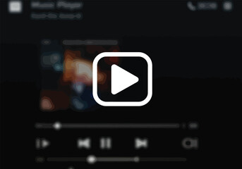 A close-up of a digital music player interface on a dark screen, featuring a prominent central play button and playback controls.