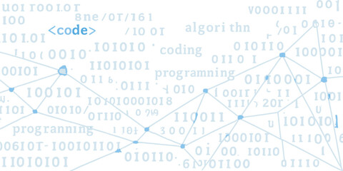 The blue digital binary data network of information technology, featuring coding and software algorithm programming, serves as an abstract datum background banner for blue data flow