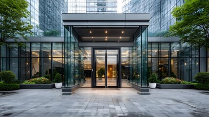 Wall Mural - Architectural photograph of modern glass double doors at the entrance to a contemporary corporate building. The sleek metal frame reflects the clean lines of the urban city.