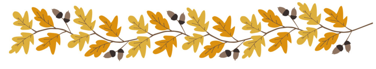 Wall Mural - Fall floral garland. Yellow autumn leaves, branches, acorns. Decorative frame isolated on white background. Seasonal banner, poster, card. Washi tape design. Hand drawn vector illustration, flat style