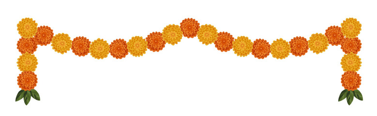 Wall Mural - Yellow orange marigold flowers. Indian traditional floral festive garland toran. Zendu flowers isolated on background Party decor. Diwali, Halloween Dia de los Muertos holiday vector illustration