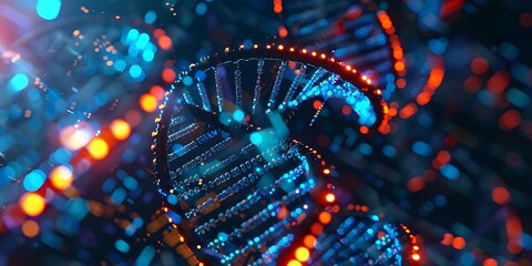Vibrant helix DNA structure with glowing bokeh lights, representing science and genetics