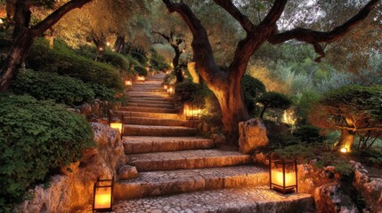 Wall Mural - Serene Pathway Through Lush Garden with Lanterns Illuminating Stone Steps at Dusk in Peaceful Natural Setting
