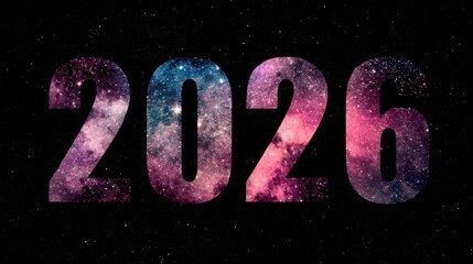 Wall Mural - Vibrant Cosmic Background Features Bold 2026 Typography in Vibrant Colors and Galactic Textures, Perfect for Future-Themed Designs and Celebrations
