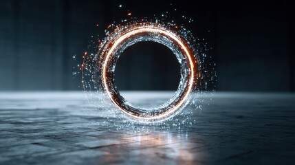 Wall Mural - Futuristic glowing ring with luminous particles against dark background showcasing a captivating visual of modern abstract digital art