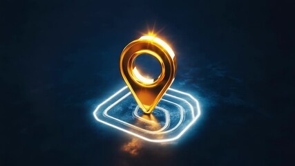 Golden location pin on water. 3d navigation pointer for business address and map positioning. Abstract background for travel or marketing. Place of shining.