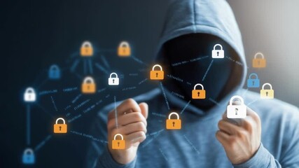 Anonymous man in hoodie shows network security protection using padlock icons for cybersecurity data privacy and blockchain technology concept, modern digital safeguard