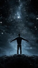 Wall Mural - A person stands on a rocky surface gazing at a star-filled sky. Captured from behind at a low angle, this scene evokes a cinematic video feel. Live mobile wallpaper.