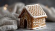 © Anastasia - Close-up of a small gingerbread house. the house is made of gingerbread and is decorated with white icing. the roof of the house is covered in a lattice pattern, giving it a textured appearance.