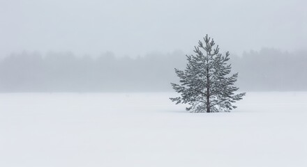 Naklejka na meble Solitary Tree Standing in Snowy Winter Landscape Under Foggy Sky