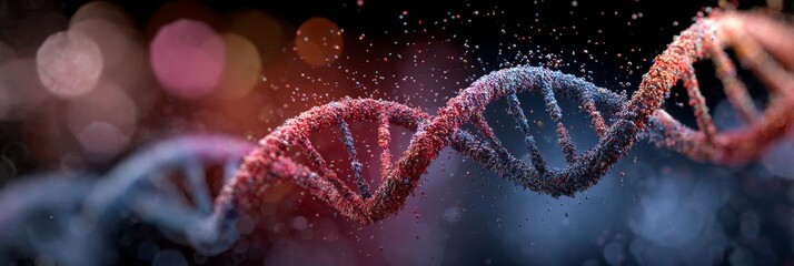 Vibrant molecules and glowing particles intertwine to form an abstract helix surrounded by a dreamy bokeh of soft blue, pink, and orange lights and infused with energy strands