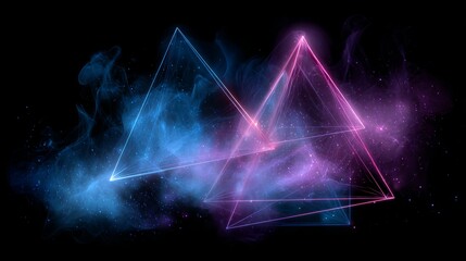 Wall Mural - Glowing pink and blue neon triangles intersect to form a dynamic abstract background set against the vast expanse of a deep space nebula and starfield