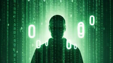 Silhouette with Glasses Surrounded by Flowing Digital Code