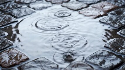 Wall Mural - Close-up of raindrops creating concentric ripples in a large puddle on a cobblestone street, lit by soft, diffused light with a locked-off shot water, weather, Close-up