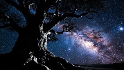 Wall Mural - Cinematic dolly shot slowly approaches an ancient, gnarled tree silhouetted against the brilliant, swirling band of the Milky Way beauty, ancient gnarled tree, isolated