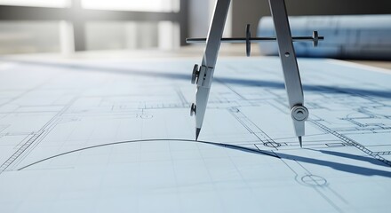 Architectural compass on blueprints with rolled plans in background
