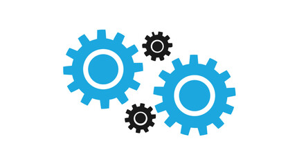 Interlocking blue and black gears icon representing mechanism, system, teamwork, engineering, process, and development concept