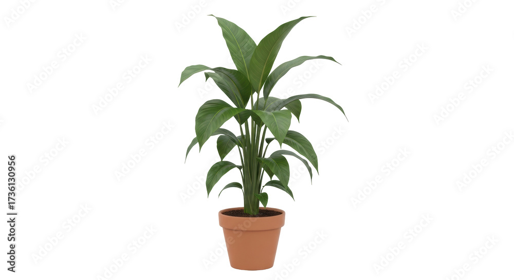 Isolated spathiphyllum plant in a terracotta pot, fresh growth in summer, indoor greenery