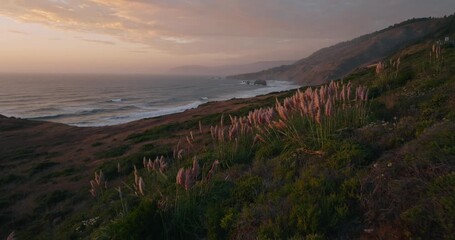 Wall Mural - Serene California coast at sunset, peaceful ocean view in warm light